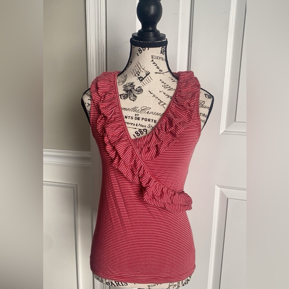 Women’s Ralph Lauren Red Fitted V Neck Ruffled Top Size XS